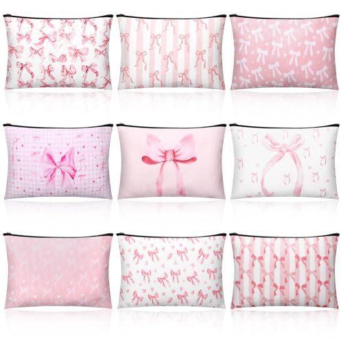 Kacctyen 9 Pcs Pink Bow Makeup Bag for Women Coquette Cosmetic Bag Bulk Preppy Pouch Coquette Gift with Zipper for Birthday Paty Favor Girls Travel Storage Accessories