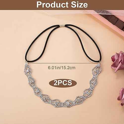2pcs Elastic Rhinestone Headbands Sparkly Wave Head Chain Crown Alloy Disco Silver Crystal Hair Band Accessories for Wedding Prom First Communion Pageant Women Girls