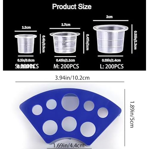 Tattoo Ink Caps, 600PCS Tattoo Cups for Ink with 4 Blue Cup Holders, Mixed Sizes Large Medium Small Plastic Pigment Cups, Tattooing Machine Plastic Supplies Kit Set