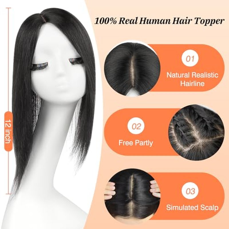 Hair Toppers for Women Real Human Hair,Natural Black Hair Topper 12 Inch Large Silk Base 3.5x5.5 Inch Hair Pieces for Women with Thinning No Bangs for Add Volume