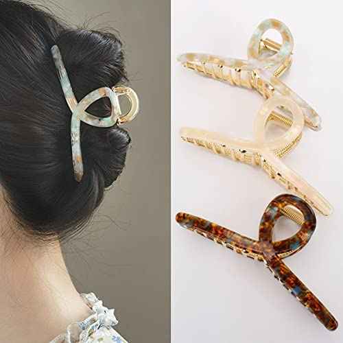 3Pack Large Metal Acetate Hair Claw Clips for Thick Thin Hair, Fashion Big Hair Clamp Hair Styling Accessories as Gift for Wife Girlfriend (Ivory White,Green White,Amber)