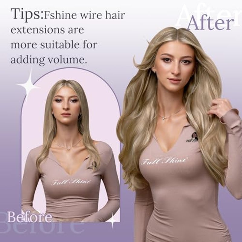 Fshine Wire Hair Extensions Golden Blonde Mix Light Blonde Highlightted 18 Inch Invisible Layered Wire Hair with Transparent Fish Line Straight Hair Clip in Extension 80 G