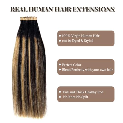 Tape in Hair Extensions Human Hair Yaki Straight Natural Black Hair Extensions Balayage Caramel Blonde Highlights Real Remyh Human Hair 22 Inch 50g/pack 20pcs Tape Hair Extensions for Black Women