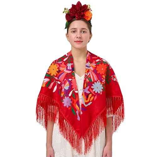 YHDDYG 2 Pcs Frida khalo Fuchsia Flower Headband and Women¡¯s Tassel Shawl Wrap Mexican Style Ethnic Shawl Party N3