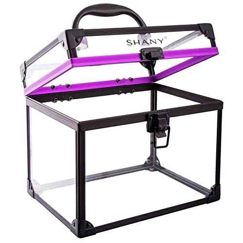SHANY Clear Cosmetics and Toiletry Train Case - Clear Travel Makeup Bag Case Organizer with Secure Closure and Black/Purple Accents - Extra Large