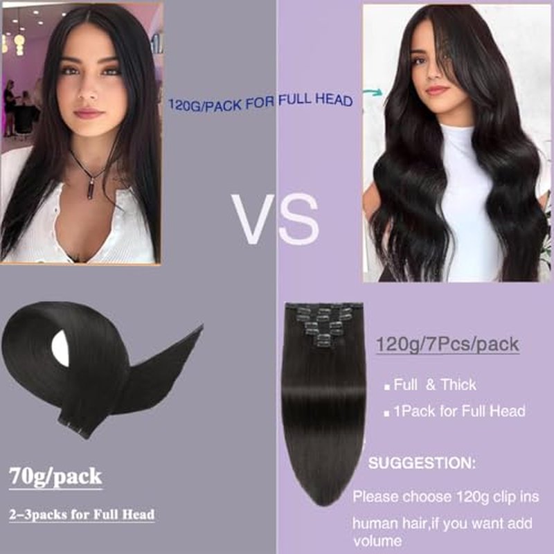Clip in Hair Extensions Real Human Hair,20 Inch 120g 7Pcs Brazilian Virgin Remy Human Hair Extensions for Women Straight Natural Black Seamless Invisible Hair Extensions Clip in Double Weft