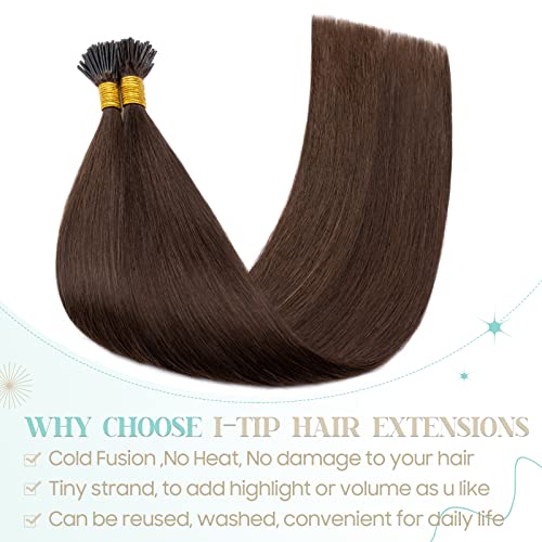 S-noilit I Tip Hair Extensions Real Human Hair for Women 100Strands 50Gram Keratin Glue K Tip Pre bonded Fusion Stick Tip Human Hair Piece Invisible Tipped in Hair 18 Inch #04 Medium Brown