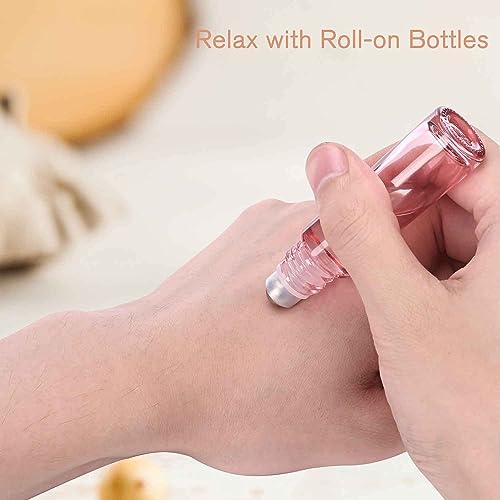 PrettyCare 60 Pack, 10 ml Essential Oil Roller Bottles with Stainless Steel Roller Ball - Bulk Refillable Leak-proof Empty Thick Pink Glass Roll on Bottles with Metal Caps for Travel, Perfume