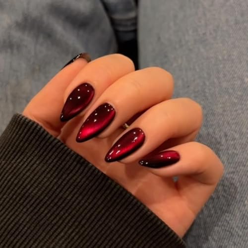 KQueenest Dark Red Press on Nails Cat Eye, Burgundy Glitter Press on Nails Almond Medium, Sparkly Shiny Fake Nails Set, Cute Bling Glue on Nails Medium for Women Christmas, Gothic Design, 30 Pcs