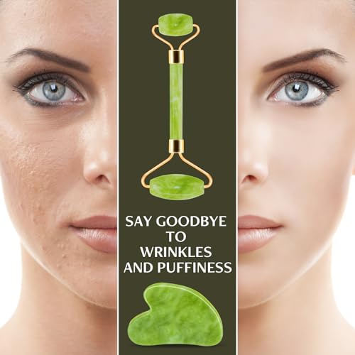 Jade Roller & Gua Sha Facial Tools, Natural Anti-Aging Jade Beauty Skin-Care Tool Face Roller to Rejuvenate Facial Skin Cooling, Slimming & Firming, Great as Stocking Stuffers