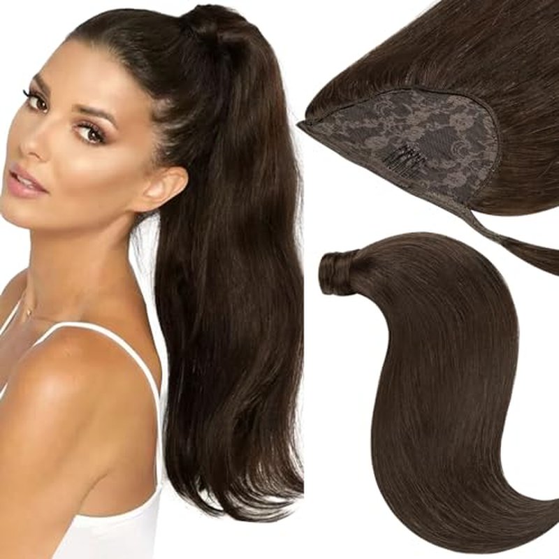 Dark Brown Human Hair Ponytail Extension Silky Long Ponytail Extension Straight #2A New Light Brown 22 Inch 90g Wrap Around Pony tails Extensions Human Hair with Magic Paste
