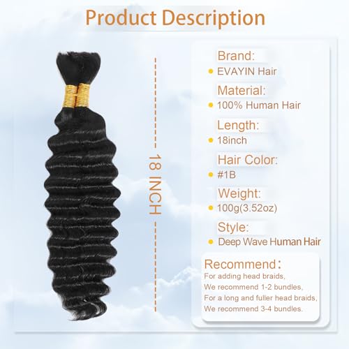 Human Braiding Hair for Boho Braids 18 Inch Natural Black Deep Wave Bulk Human Hair for Braiding 2 Bundles 100g 12A Virgin Curly Human Hair for Boho Knotless Braids (#1B,18Inch)