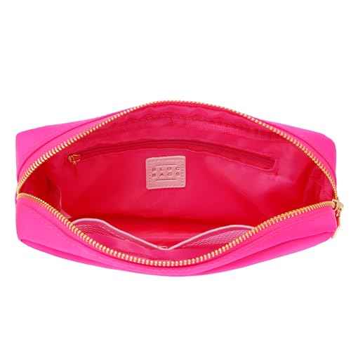 BLOC Bags Travel Makeup Bag, Cosmetic Bags for Women, Medium Cute Toiletry Bag, Make up Bag, Beauty Bag with Chenille Patch and Top Zipper, Inside Zipper Pouch and Mesh Pockets (White Heart, Hot Pink)
