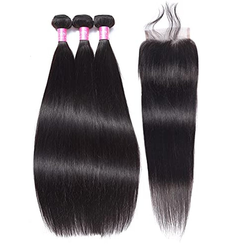 Peruvian Straight Human Hair Bundles with Closure(16 18 20+12) Unprocessed Virgin Human Hair 3 Bundles with Closure 10A Straight Hair Weave Bundles with Lace Closure Natural Color