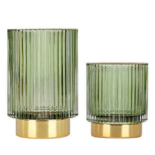 DASITON Makeup Brush holder Organizer, Crystal Cosmetic Makeup Brush Glass Brushes Storage Holder, Vintage Make Up Brush Cup Pen Pencil Holder striped vase(Green S+L)