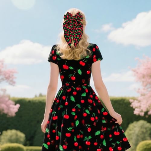 Cherry Hair Bow Clip for Women Red Cherry Large Bowknot Hairpins Long Ribbon Ponytail Holder Cute Fruit Barrettes Decoration Accessories (Black)
