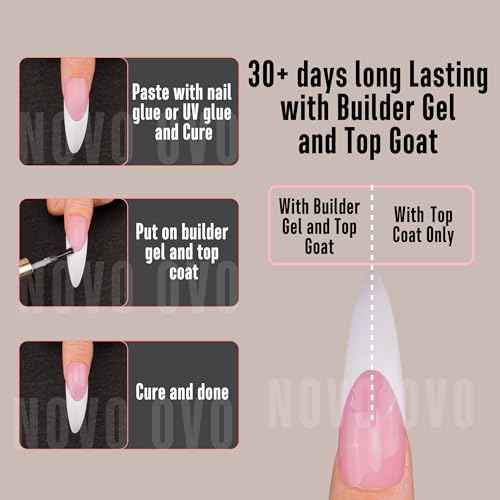 NOVO OVO Halloween XXL Curved Stiletto Almond French Tip Nail Tips Press on, BERRY PINK Full Cover Extra Thick Long XL Acrylic Hawk Curve Fake Extension Kit, Need Builder Gel, for DIY 12 Sizes 144 pcs