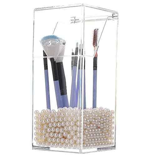 Sooyee Makeup Brush Holder,Makeup Brush Organizer with 8mm White Pearls,Dustproof Makeup Brush holder with Lid
