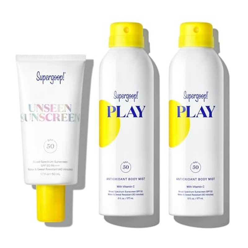 Supergoop! Unseen Sunscreen SPF 50 Invisible Sun Protection for Face (1.7 fl oz) + PLAY Antioxidant Body Mist SPF 50 (Pack of 2, 6 fl oz Each) - Broad Spectrum Body & Face Sunscreen