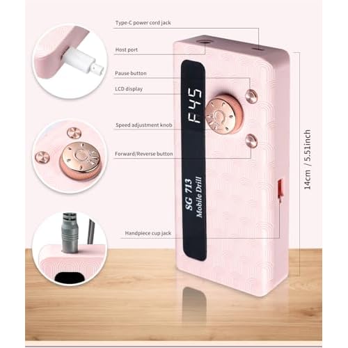 Electric Nail File Professional Kit - 45000RPM Portable Nail Drill Electric File with 11 Bits & Base?LED Screen?Ultra-Silent, Rechargeable Nail Drills Machine for Acrylic Nails Gel Polishing (Pink)