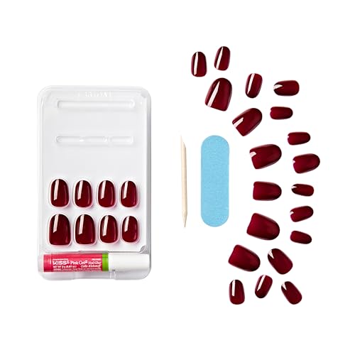 KISS Gel Fantasy, Press-On Nails, Nail glue included, 'One Call', Red, Short Size, Oval Shape, Includes 28 Nails, 2g glue, 1 Manicure Stick, 1 Mini File