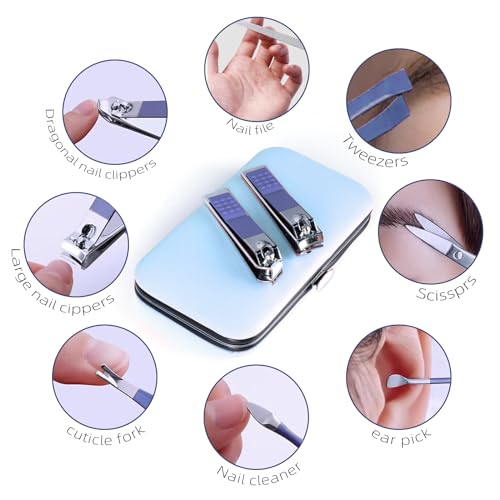Manicure Set 8 in 1 Nail Clipper Set,RedFlow Nail Clippers,Fingernail & Toenail Clippers,Manicure Tools,Pedicure Tools,Suitable for Travel Manicure Kit,Nail Set Kit with Everything Profe (Blue)