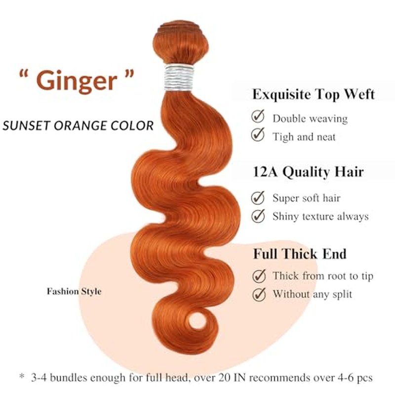 12A Ginger Body Wave Bundles Human Hair, Soft And Shed-Free Colored #350 Copper Burnt Orange 3 Bundles Double Weft 100% Unprocessed Brazilian Remy Hair Ginger Sew In Wavy 12 14 16 Inch