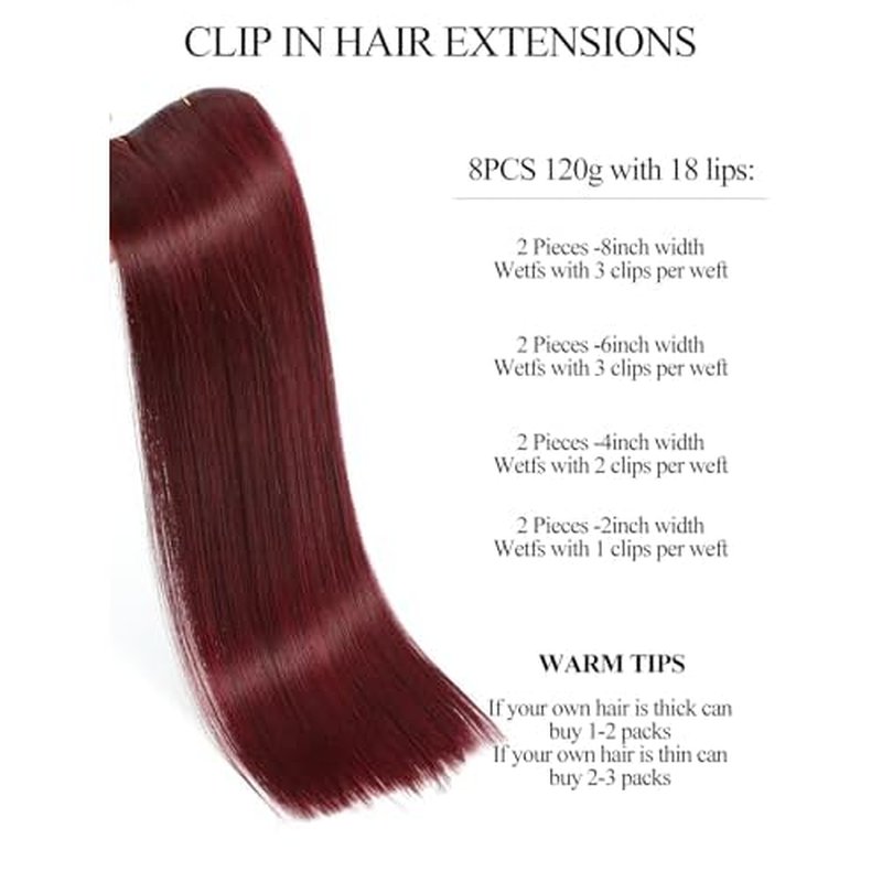 Seamless Clip in Hair Extensions Real Human Hair Red 22 inch 8pcs 120g 100% Unprocessed Full Virgin Hair Pieces for Women Double Weft(22 inch #99J Burgundy)
