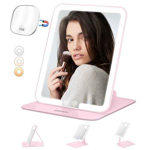 ESWU Travel Makeup Mirror with Light, Portable Folding Make Up Tabletop Mirrors with 10X Magnifying Mirror Rechargable 3 Colors Light Compact Vanity Mirror with Adjustable Stand (Pink)