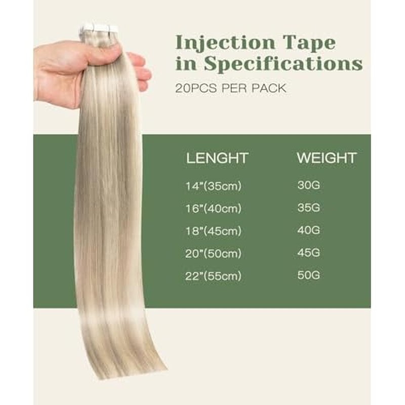 SURNEL Injected Tape in Hair Extensions 20Inch #18P60 Ash Blonde with Platinum Blonde Human Hair Seamless Invisible Tape in Extensions 20 Pcs 45g(#18P60,20)
