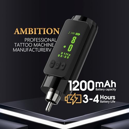 Tattoo Power Supply - Ambition Mini Wireless Portable RCA Tattoo 1200mAh Battery Pack with LED Digital Display for Rotary Tattoo Machine