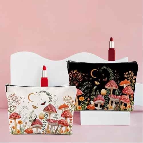 2 PCs Floral Mushroom Makeup Bag Mushroom Gifts Cosmetic Bag, Mushroom Stuff mushroom bag, Mushroom Gift for Women Girls Friends Coworkers Christmas birthday Gifts Botanical Zipper Pouch