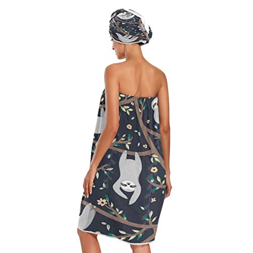 Women's Spa Towel Wrap Set of 3, Cute Sloths Bathrobe Shower Bath Body Wrap with Adjustable Closure
