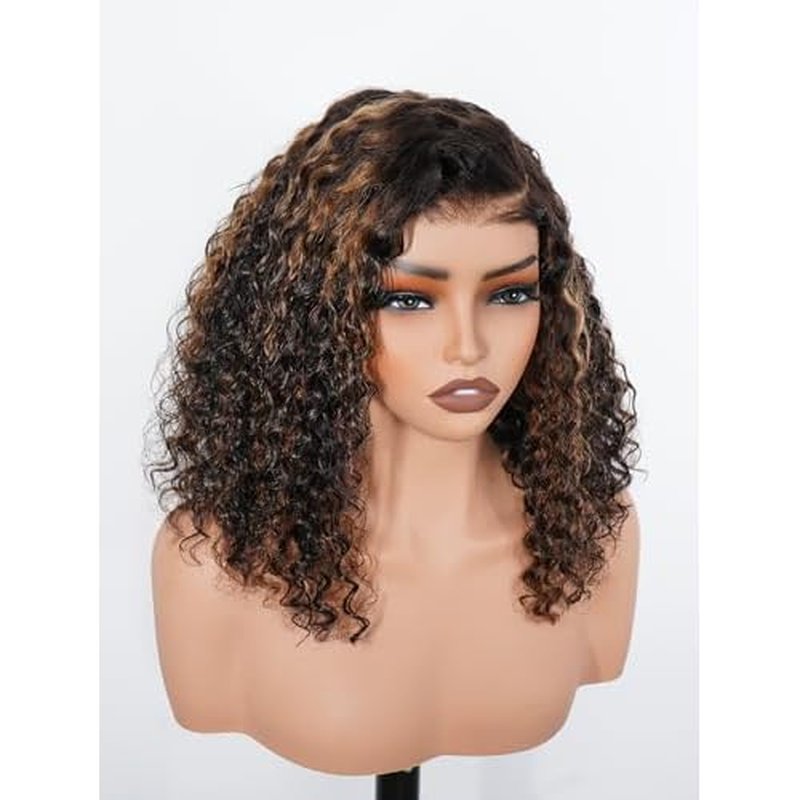 ISEE Hair Highlight Glueless Bob Wigs Human Hair Pre Plucked Pre Cut 2/30 Honey Blonde Curly Human Hair Wig for Black Women Ombre Water Wave 5x7 HD Lace Closure Wigs with Elastic Band 12 Inch