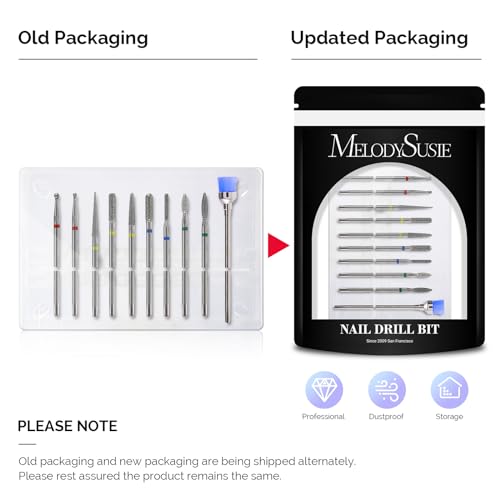 MelodySusie 10pcs Nail Drill Bits Set, 3/32 Inch Diamond Cuticle Nail Bits Kit for Nail Drill E-File, Manicure Pedicure Remover Tools for Acrylic Gel Nails, Salon Home Nail Care Supplies, Silver