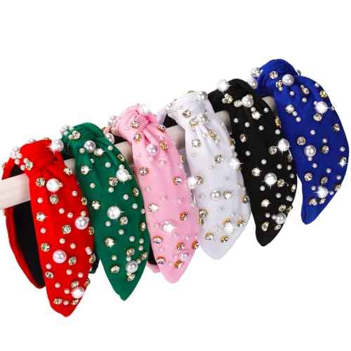 6Pcs Holiday Headbands for Women, Solid Color Rhinestones for Christmas Halloween Fall Valentine Day Knot Hair Hoops, Festive Pearl Hair Accessory Gift (6 Colors)