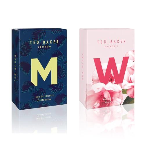 Ted Baker M and W EDT Bundle, Woman and Man Eau De Toilette, Includes M with Unique Notes of Tonka Bean and Musk, W with Notes of Fig Leaf, White Peony and Violet, 2 x 2.54 fl oz