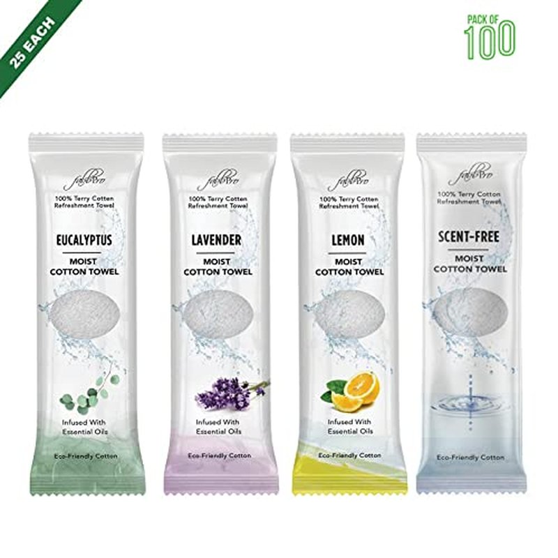 Oshibori Moist Terry Cotton Refreshment Towels (100 Pack,8x8 Inches)-White Scented Pre-moistened Essential Oil Infused Towel to Use Hot or Cold ? Unscented, Lavender, Lemon & Eucalyptus Scents