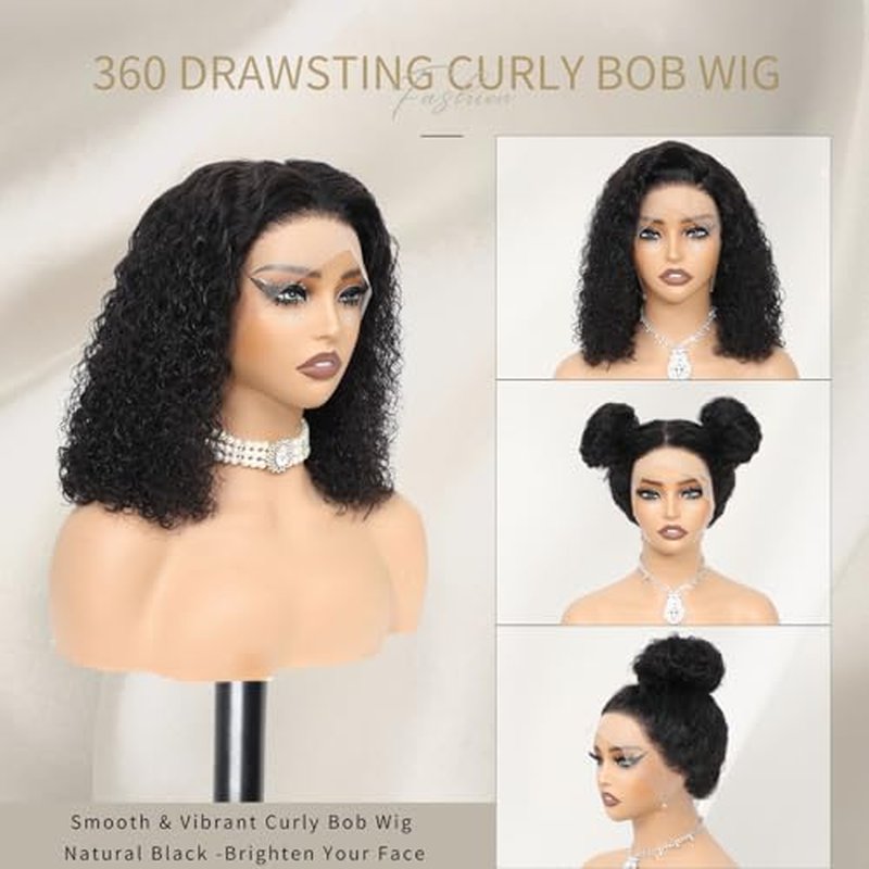 Hidden Strap 360 Deep Wave Lace Front Wigs Human Hair Curly Bob Wig with Drawstring For Black Women Human Hair 360 Glueless Bob Wig Full Lace Human Hair Wigs Pre Plucked Bleached Knots (16 Inch)