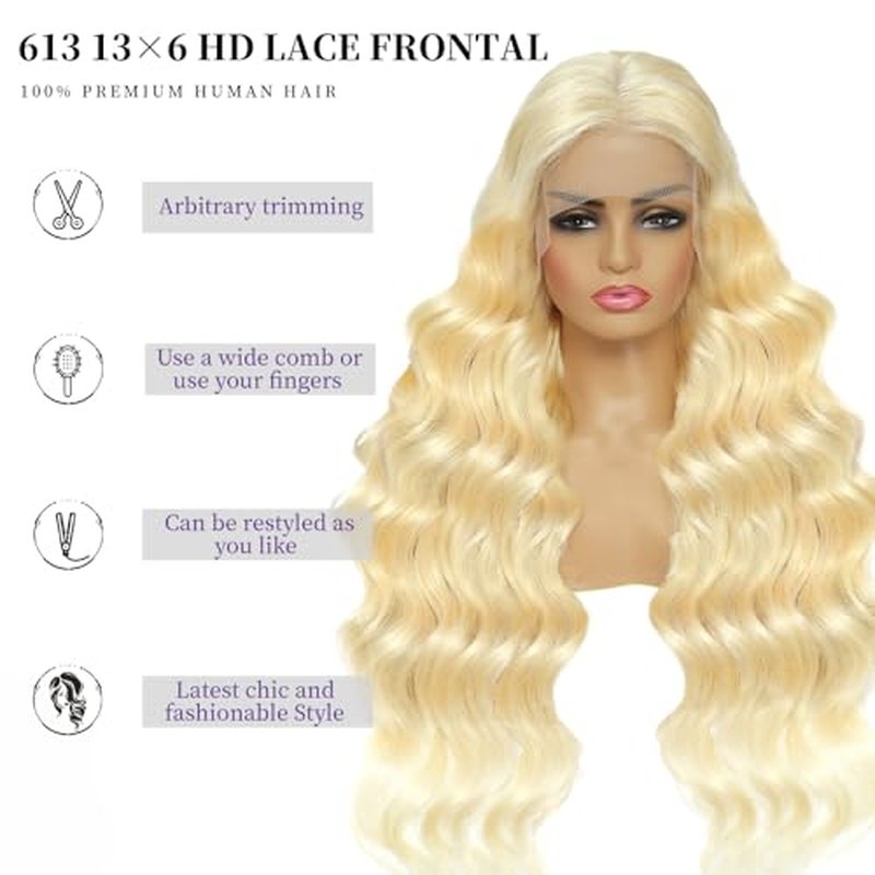 613 Lace Front Wig Human Hair 200 Density Blonde Wig Human Hair Body Wave 13x6 Lace Front Wigs Human Hair Pre Plucked Blonde HD Lace Frontal Wig 28 Inch