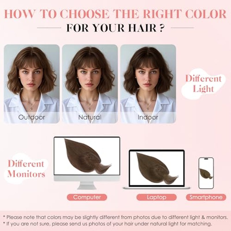 Hairro Human Hair Topper with Wispy Bangs, Clips on 360¡Æ 3D Cover Real Hairpieces Lightweight, 2.25"x6" Base for Women with High Hairline/Thinning Hair, 10 Inch Dark Brown Bangs