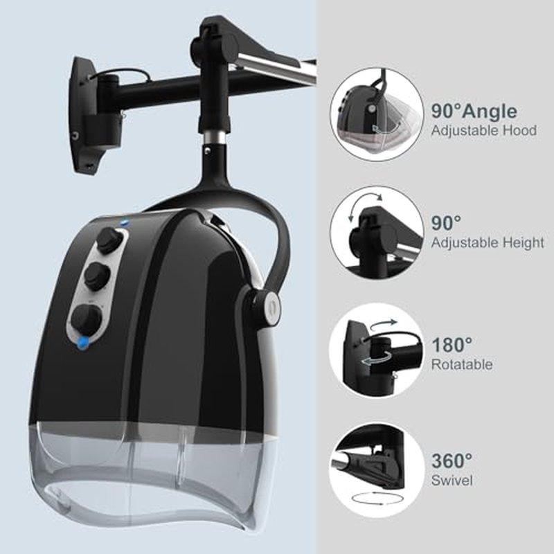 SyyBhb Wall Mount Hooded Salon Hair Dryer, Professional Ionic Hair Color Processor, Temperature & Drying Adjustable, 60-Minute Timing, 52" Extendable Arm, 25lbs Installed on Load Bearing Wall