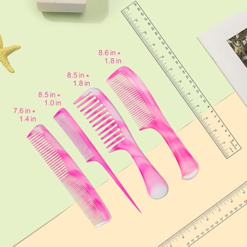 Pink Hair Comb Set - Wide Tooth, Fine Tooth, Rat Tail, and Dual Comb for Women and Men