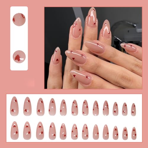 24Pcs Heart Press on Nails Medium Almond Fake Nails Valentines Glue on Nails Nude Pink Full Cover False Nails Red Love Hearts Artificial Acrylic Nails Stiletto Stick on Nails for Valentines Nails