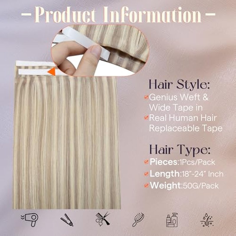 Full Shine Blonde Tape in Hair Extensions Human Hair Color 18 Ash Blonde And 613 Blonde Tape in Weft Hair Extensions Human Hair Invisible Skin Weft Tape ins 24Inch 50G One Piece Natural for Full Head