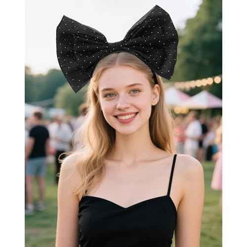 Big Black Bow Headband - Glitter Bows Headpiece for Women Girls, Cute Bowknot Hair Accessories for Birthday Halloween Christmas Cosplay Party Costume Derss Up