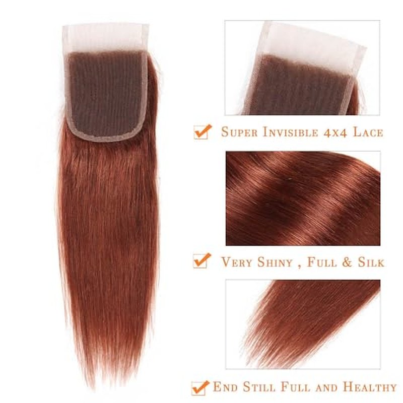 ijoy Reddish Brown Straight Human Hair 3 Bundles with Closure for Women 10 12 14 +C8 Inch 100% Virgin Remy Hair Bundles Human Hair Straight Hair Extensions Chocolate Brown Color