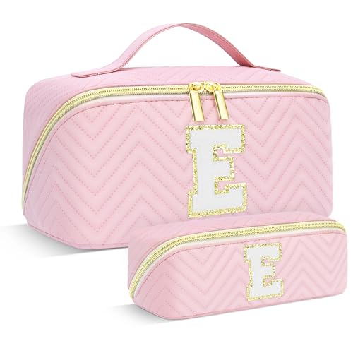 Makeup Bag Travel Toiletry Bag, Personalized Initial Pink Makeup Bag, Gift for Women Gils, Large Capacity Leather Cosmetic Bags, Waterproof Open Flat Organizer for Christmas, Halloween & Thanksgiving