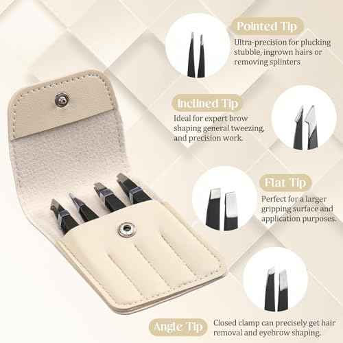 Lasnten 12 Sets Eyebrow Tweezers Set and Curved Scissors, 4 in 1 Professional Stainless Steel Tweezers for Women and Men, Splinter and Ingrown Hair Removal with Travel Case(Beige)