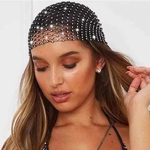 JEAIRTS Rhinestone Head Scarf Sparkly Mesh Headband Stretchy Crystal Nightclub Headwrap Rave Hair Accessories for Women (1-Black, Free Size)